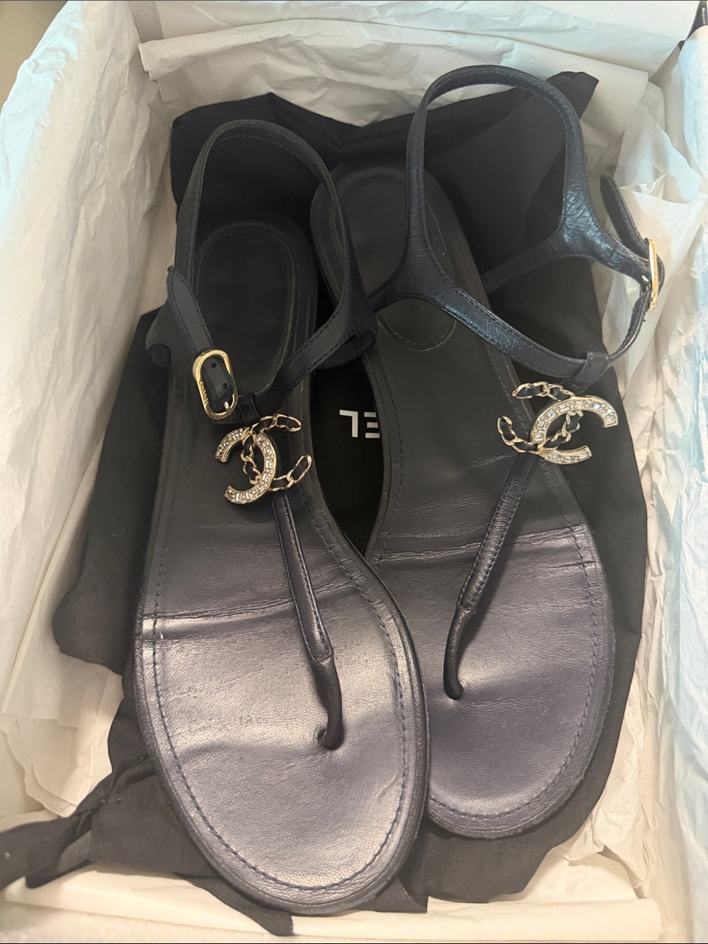 Authentic CHANEL Black Leather T-Strap Sandals with Gold CC Logo